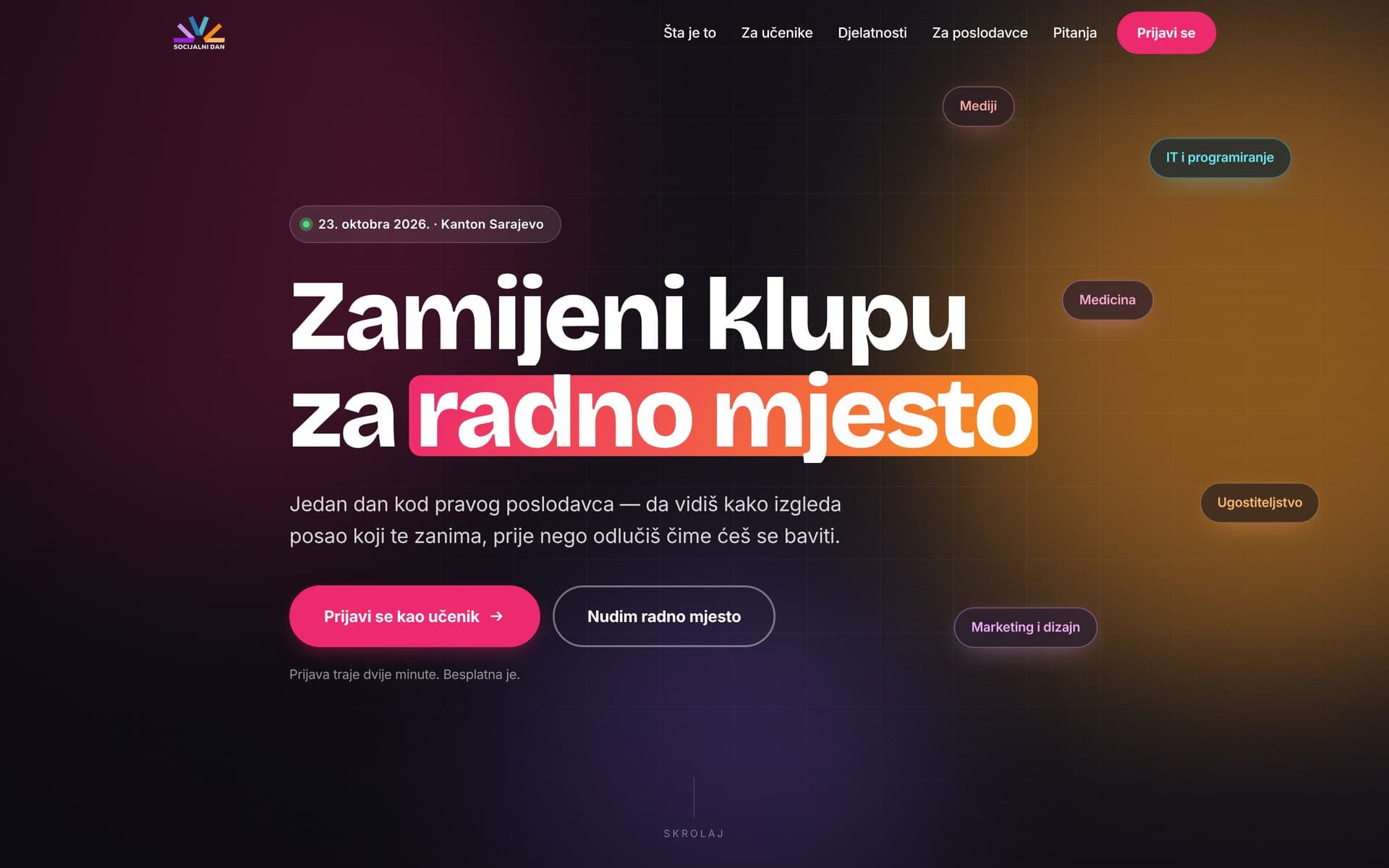 Socijalni dan 2026 homepage on a desktop: the headline “Zamijeni klupu za radno mjesto” with buttons for students and employers