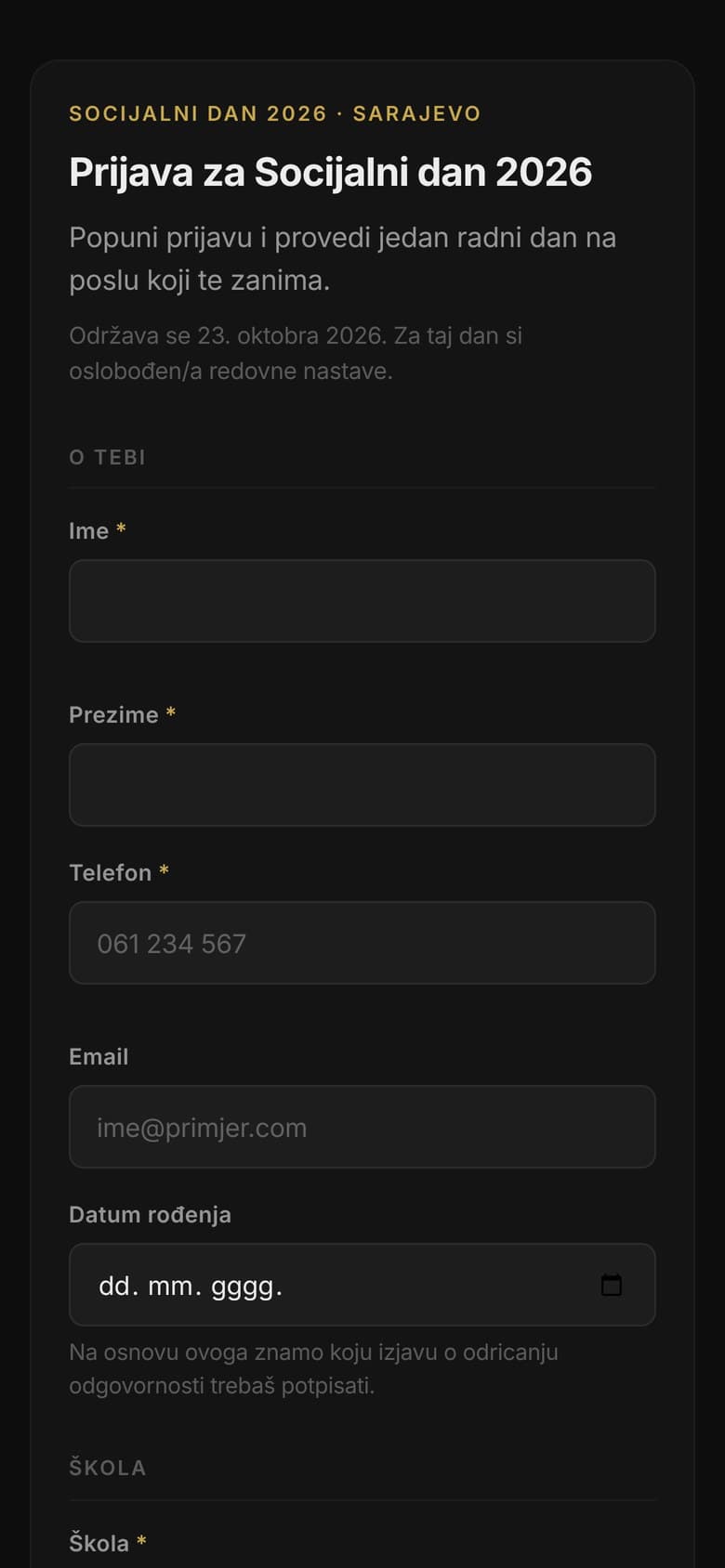 The student application form on a phone